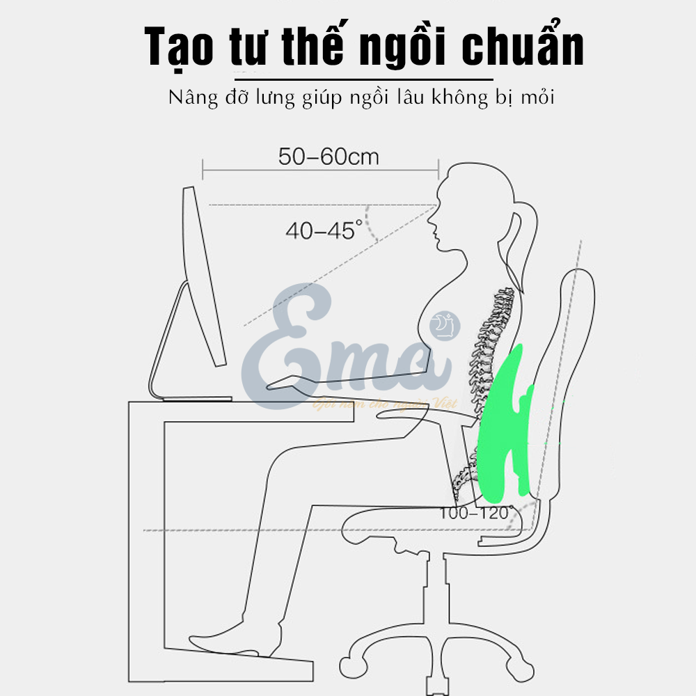 Tựa lưng công thái học EMA cho ghế văn phòng, ô tô - Chuẩn công thái học, thoái mái & thoáng mát