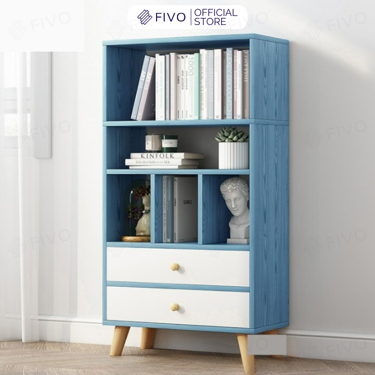 Tủ Đựng Sách Gỗ MDF Đa Tầng FIVO FB61 Có Hộc Kéo Phong Cách Hàn Quốc Dễ Dàng Lắp Ráp Màu Xanh - Hàng Chính Hãng