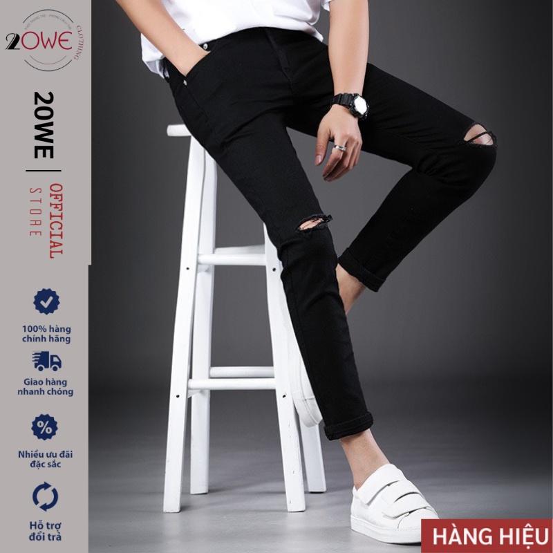 Quần jean nam rách gối màu đen chất bò cao cấp co dãn 4 chiều cực đẹp rin trơn from dáng skinny đẹp 20WE