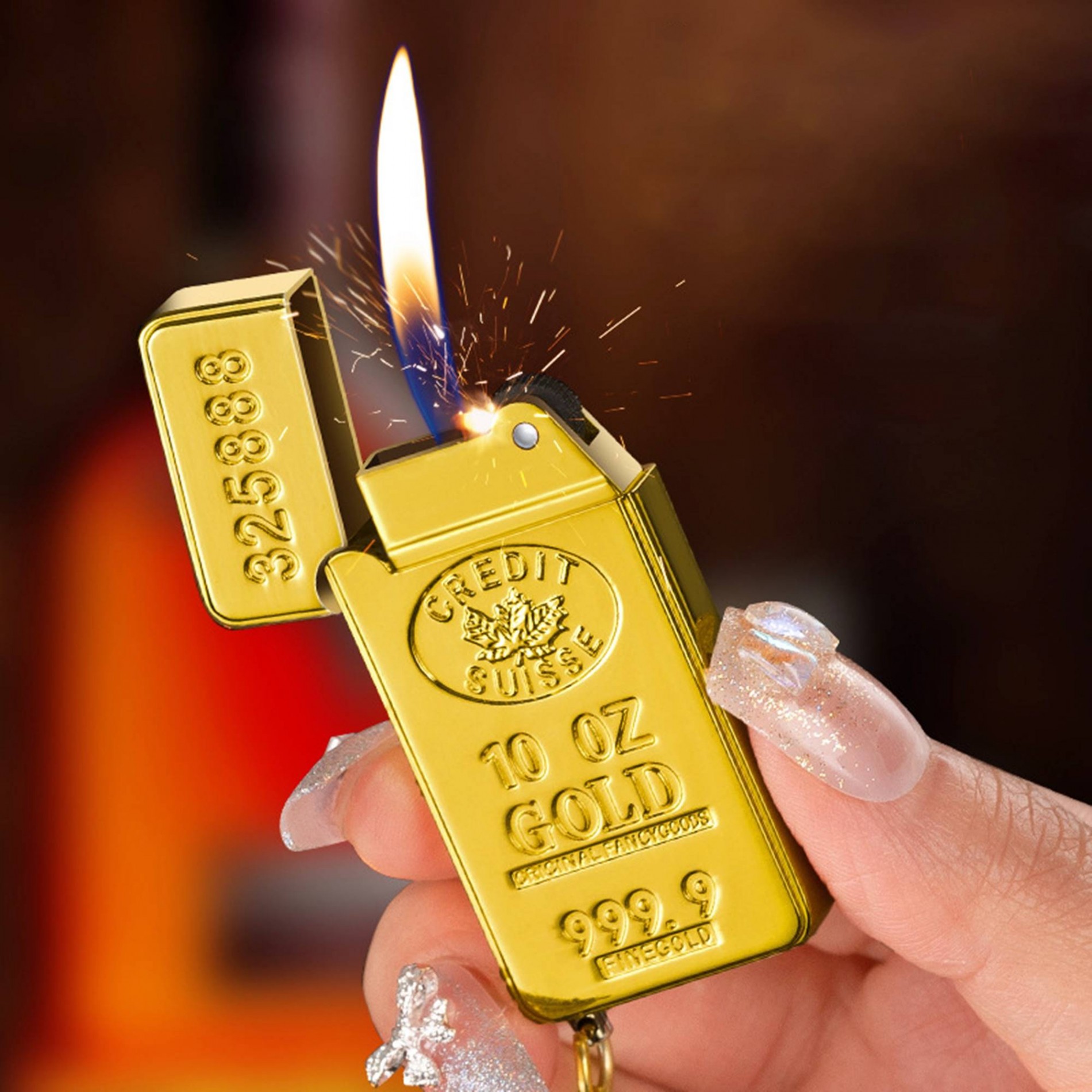 Bật lửa hột quẹt gas đá móc khóa hình thỏi vàng 9999 - xài gas