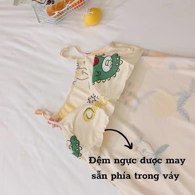 Hình ảnh Váy Ngủ Hai Dây Có Đệm Ngực Kèm Bịt Mắt Đầm Ngủ Thun Sữa In Hoạ Tiết Mềm Mịn Đuôi Xếp Li TOPBRA