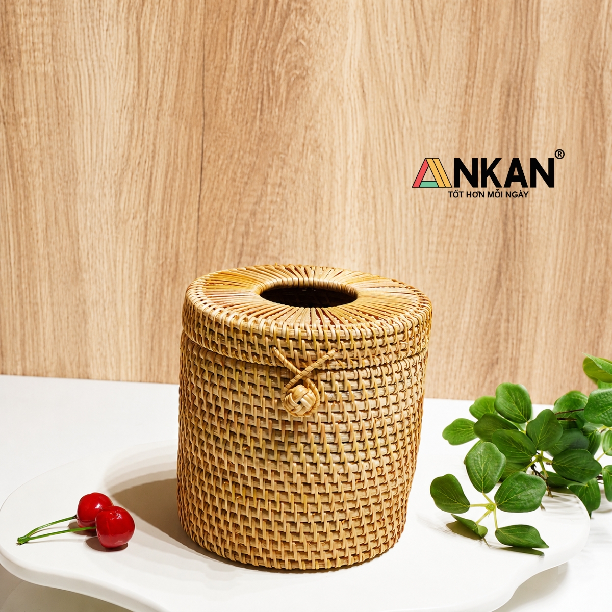 Hộp Khăn Giấy Mây Tre Hình Tròn ANKAN – Decor Sang Trọng Nhà Tắm, Phòng Khách, Quán Cafe