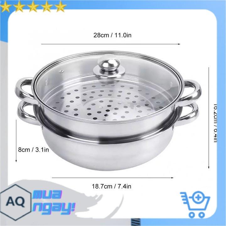 Nồi Hấp Thực Phẩm 2 Tầng 28Cm, Vung Kính Dùng Được Cho Bếp Từ