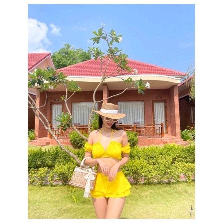 Bikini, đồ bơi đi biển 2 mảnh nữ áo tay phồng Hiền Hồ phối váy 2 tầng đẹp ODERI HM-070