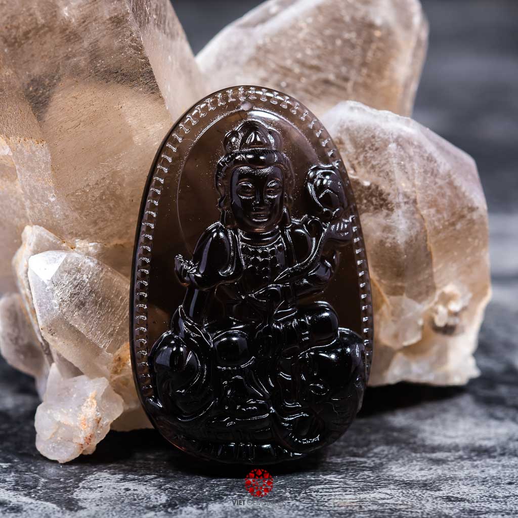 Mặt dây chuyền Phổ Hiền Bồ Tát Thạch anh khói - Phật Bản Mệnh cho người tuổi Thìn, Tỵ size lớn VietGemstones