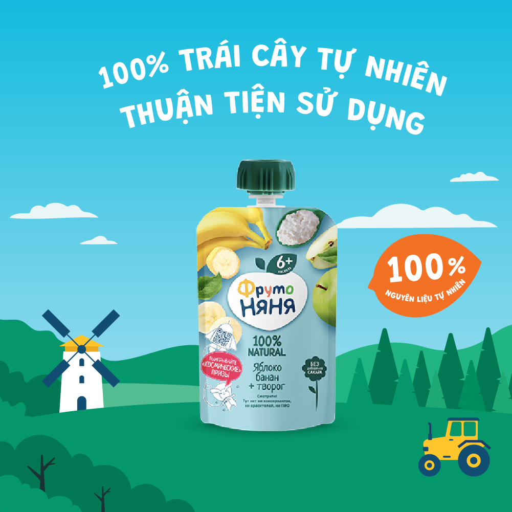 Combo 6 Gói Trái cây nghiền vị táo, chuối và phomai tươi Fruto Nyanya 90g