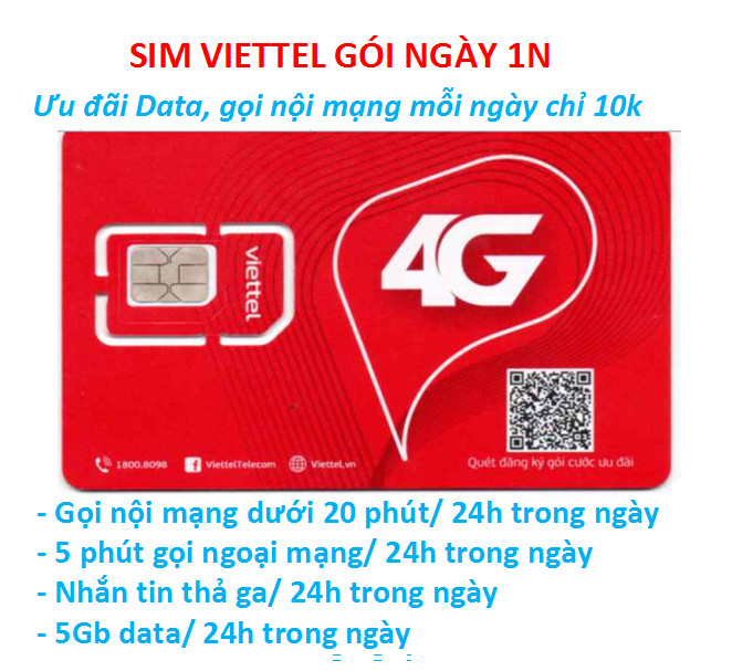 Sim viettel 4G gói 1N miễn phí các cuộc gọi dưới 20 phút + nhắn tin thả ga chỉ 10K/ngày, Hàng chính hãng FREESHIP - CHƯA KÍCH HOẠT