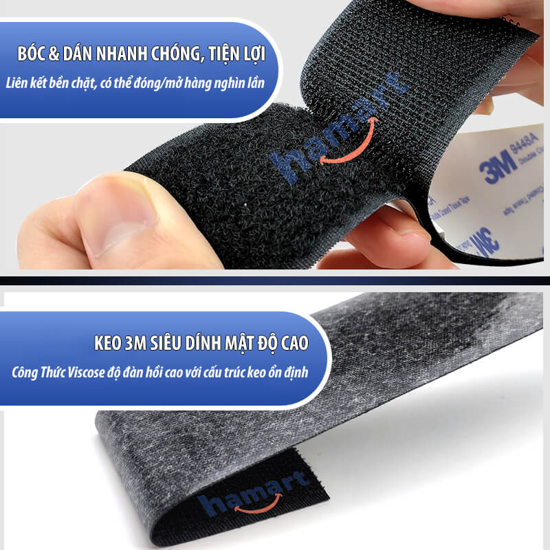 50CM Băng Dính Gai Velcro Keo 3M Hamart Móc Khoá Nhám Dán Cố Định Rèm Thảm Nệm Ô Tô Treo Đồ Đa Năng