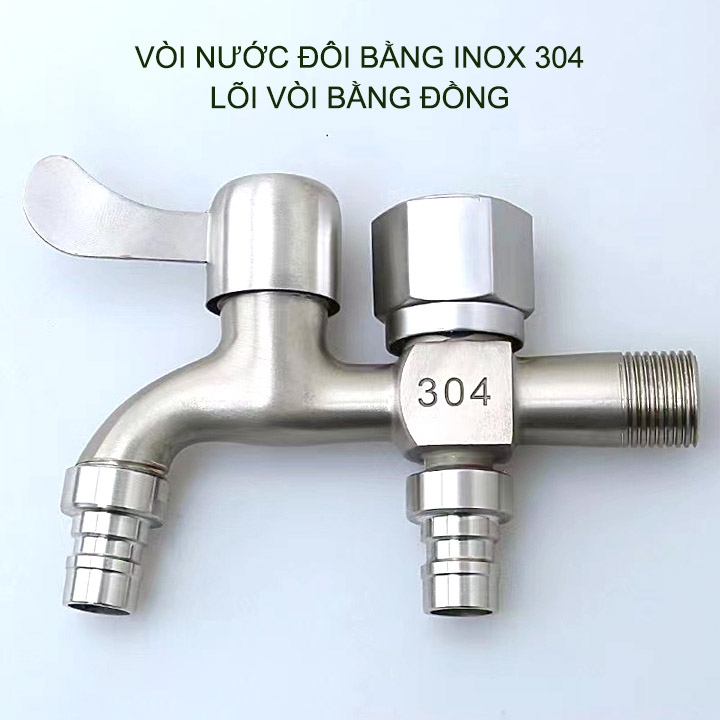 Vòi nước đôi bằng inox 304 gắn tường G03 với 01 đầu vào 2 đầu ra (đầu vào DN15 lắp cho ống D21)