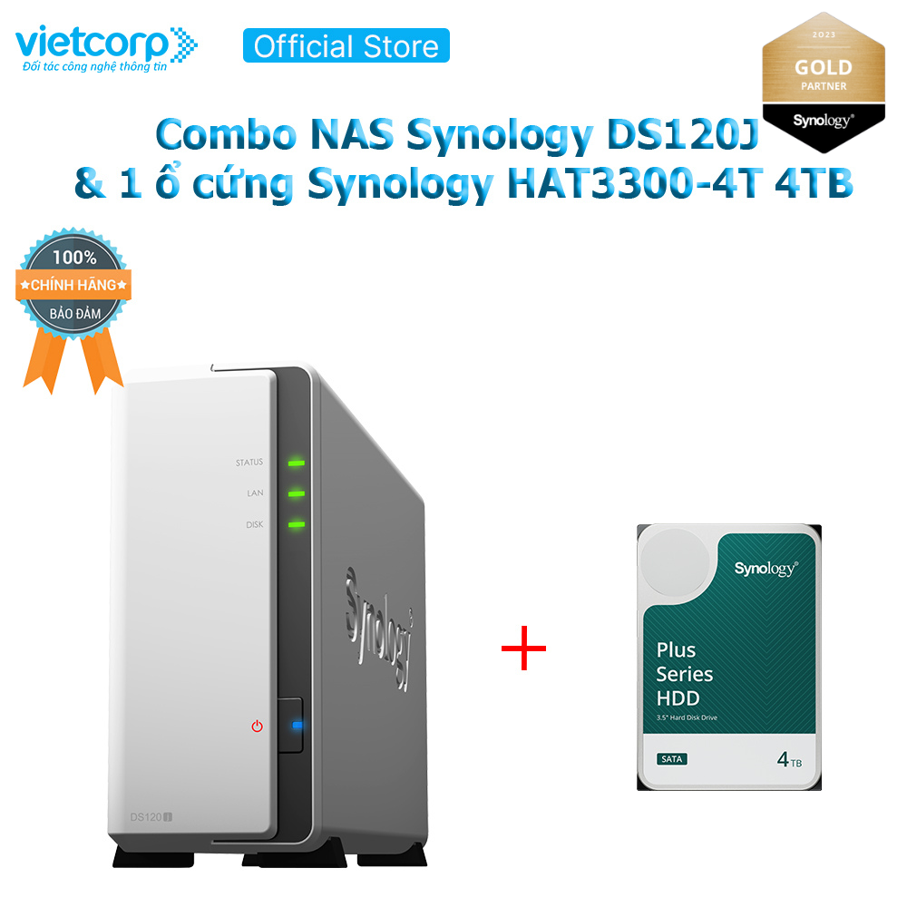 Combo Thiết bị lưu trữ NAS Synology DS120j và 1 ổ cứng HDD cho NAS Synology HAT3300-4TB Hàng chính hãng