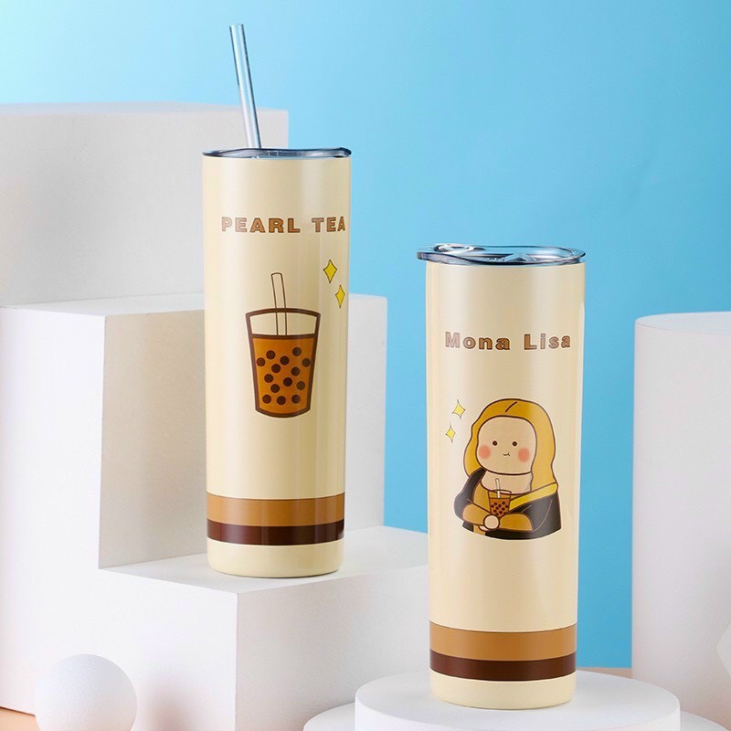 Ly giữ nhiệt in hình cute inox 304 không gỉ tặng kèm ống hút có nắp đậy 650ml sang trọng - giao mẫu ngẫu nhiên