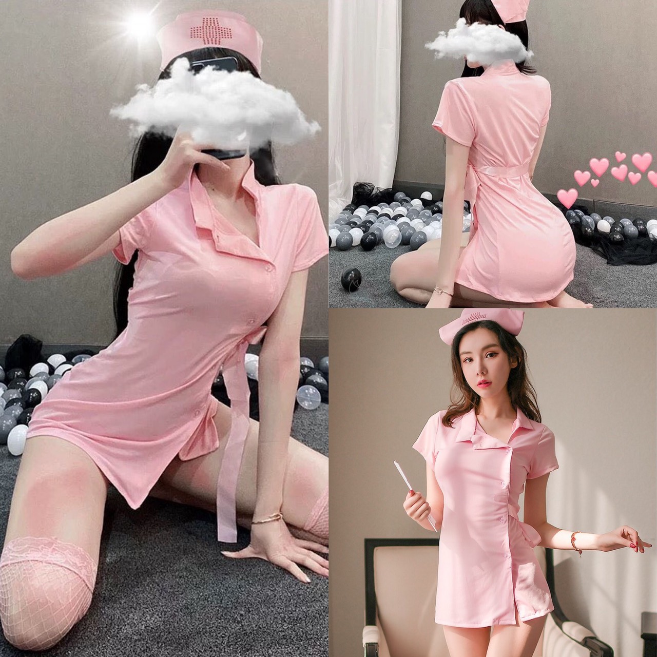 Đồ hóa trang Cosplay y tá hồng cộc tay có mũ đồ ngủ bar sàn