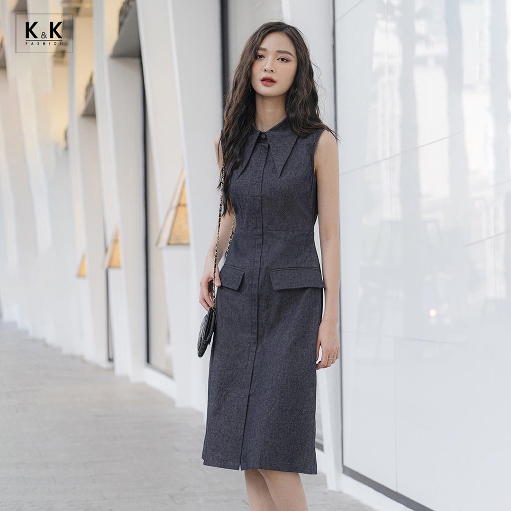 Đầm Sơ Mi Sát Nách Phối Túi K&amp;K Fashion KK140-16 Chất Liệu Denim