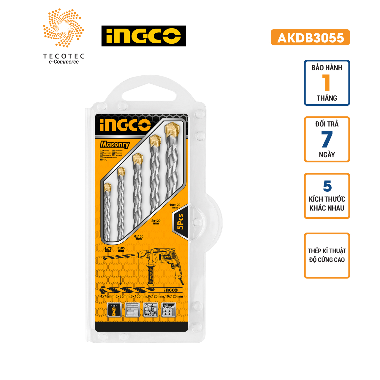 Bộ 5 mũi khoan bê tông đuôi trơn INGCO AKDB3055