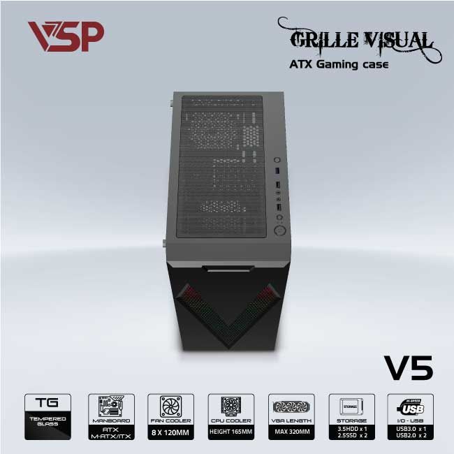 Vỏ máy tính Case VSP V5 [ĐEN] Gaming (ATX/M-ATX/ITX) - Hàng chính hãng VSP phân phối
