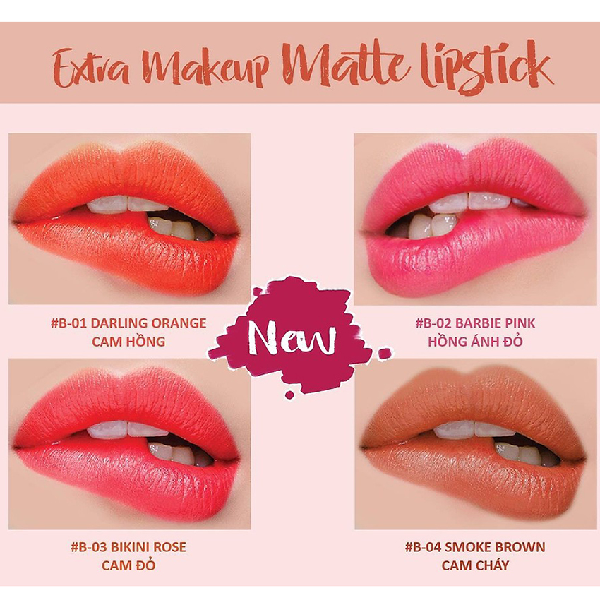 Son lì mềm môi Extra Makeup Matte Lipstick Hàn Quốc 3.5g (B02 - Barbie Pink) + Móc khóa