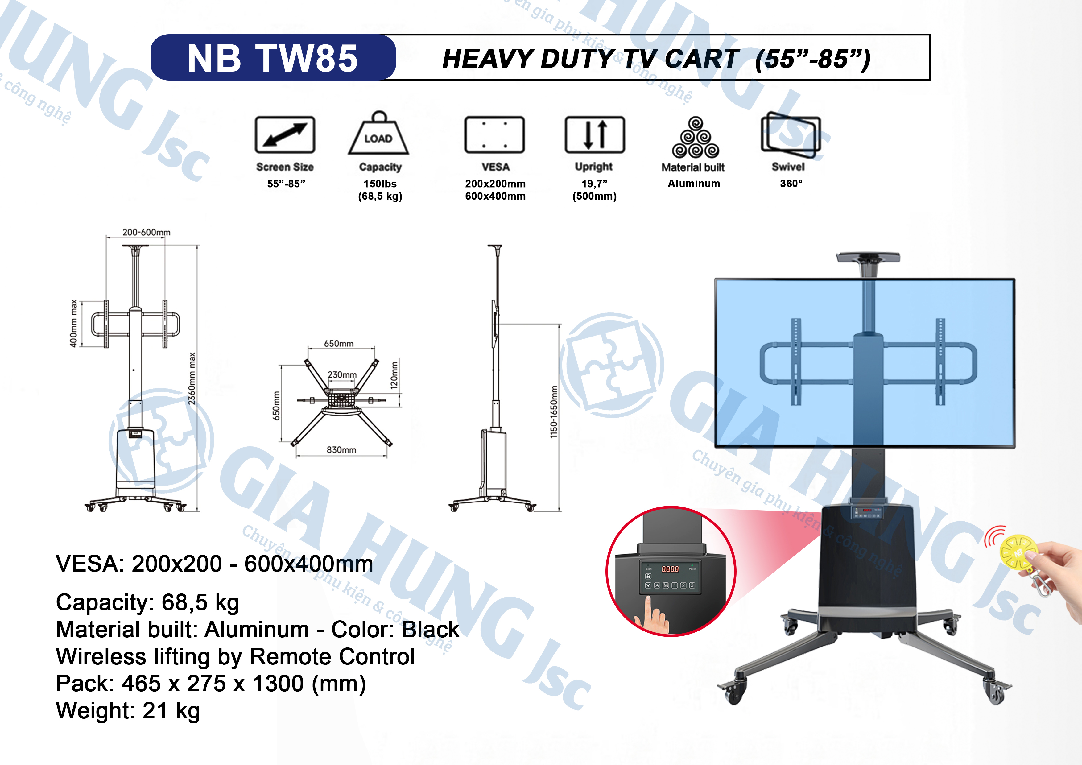 Giá Treo Tivi Di Động NB TW85 nâng hạ điện tử tự động HÀNG CHÍNH HÃNG NORTHBAYOU