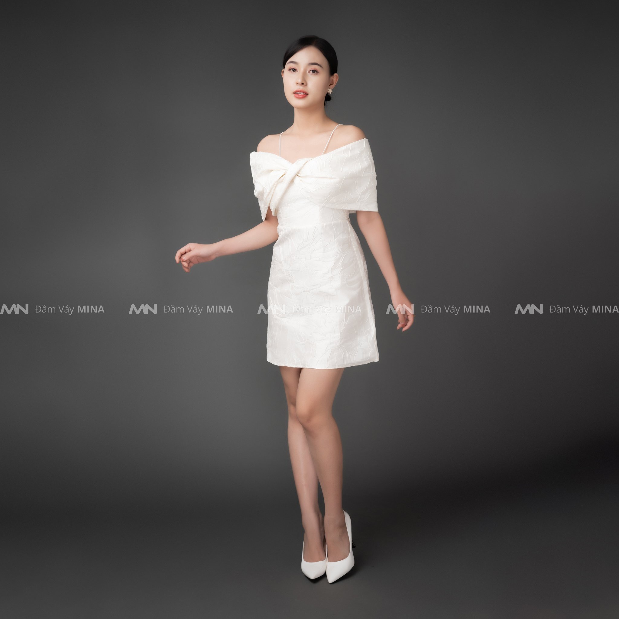 Đầm gấm trắng | Đầm hai dây trễ vai nơ | Đầm ôm body dự tiệc đi chơi siêu đẹp - MN148 - Đầm Váy Mina