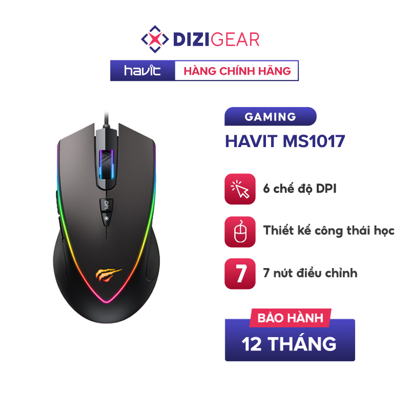 Chuột Có Dây HAVIT MS1017 RGB Blacklit, 6 Chế Độ DPI + 7 Nút Điều Chỉnh, Tuổi Thọ Lên Đến 5 Triệu Lần Nhấn - Hàng Chính Hãng