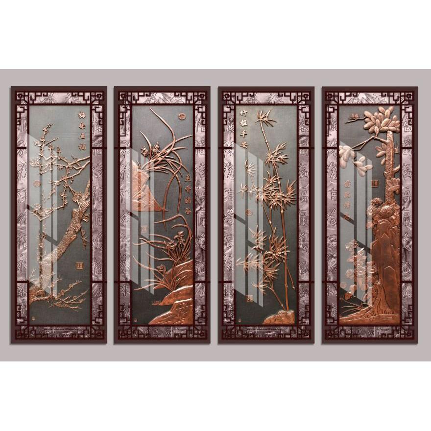 Tranh treo tường Tứ quý 3D/gỗ MDF Hàn Quốc chống ẩm mốc, mối mọt