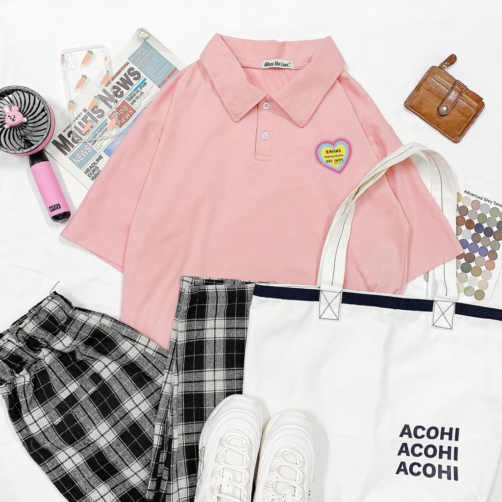 Polo áo thun có cổ tay lỡ in TRÁI TIM HAVING form rộng ulzzang couple nam nữ UNISEX