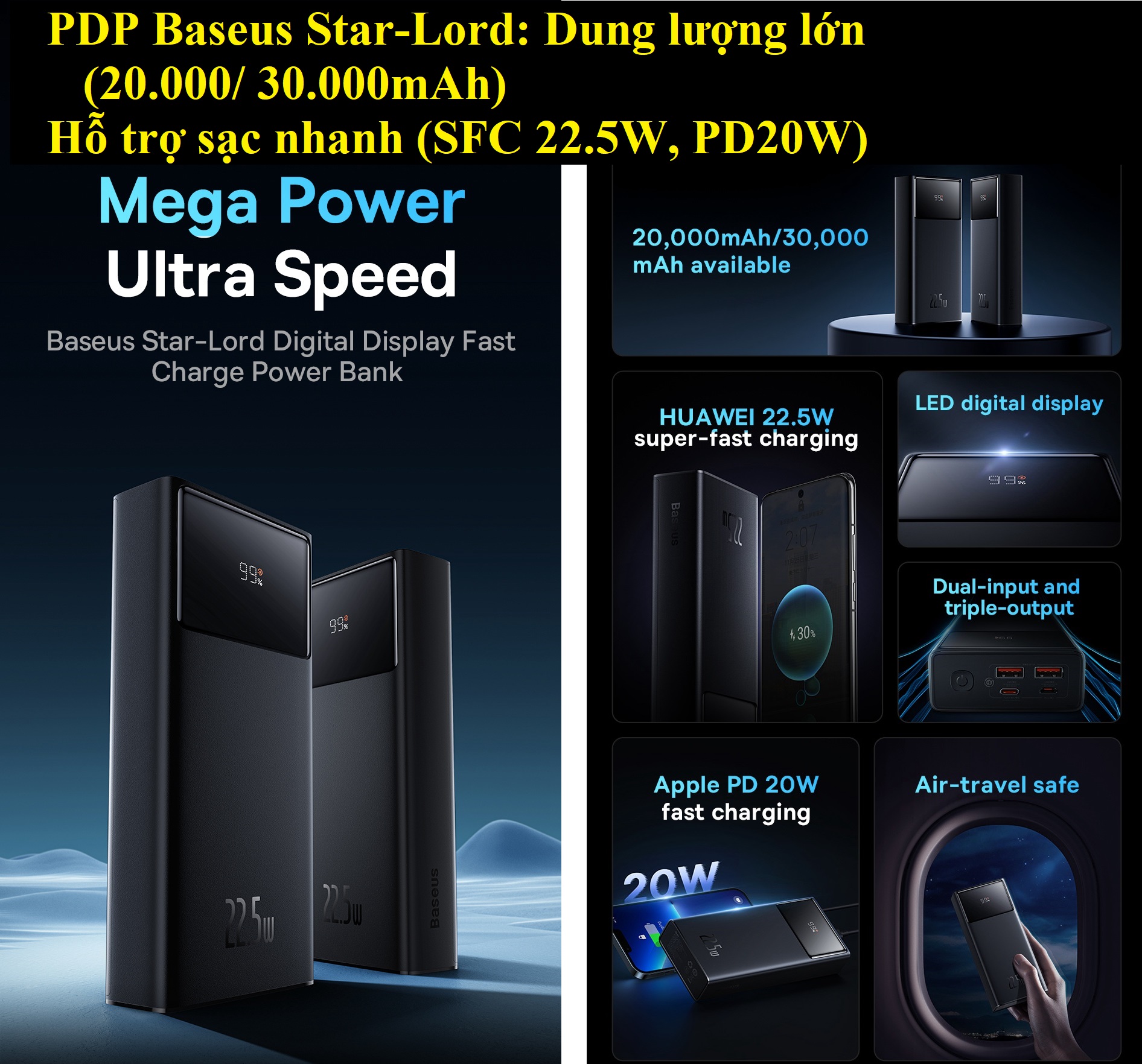 Pin dự phòng 22.5W 20.000 / 30.000 mAh Bases Star Lord PPXJ20 / PPXJ30 _ Hàng chính hãng