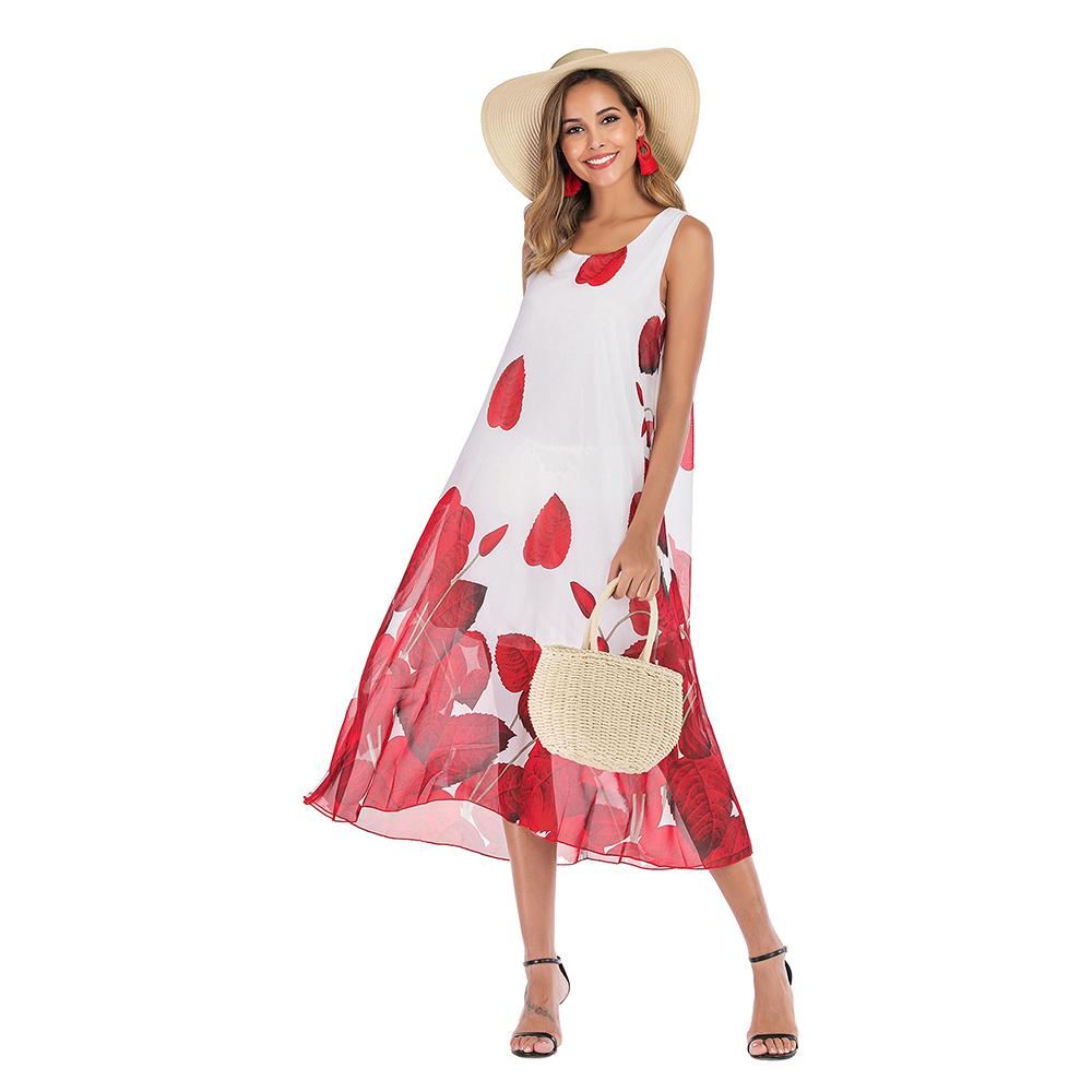 New Women Chiffon Dress O Neck Sleeveless Floral Print Summer Beach Holiday Long Loose Boho Sundress