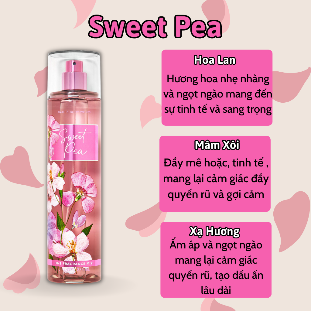 Body Mist Bath And Body Works Nam Nữ Chính Hãng Sweet Pea, Xịt Thơm Body Toàn Thân Hương Nước Hoa 236ml