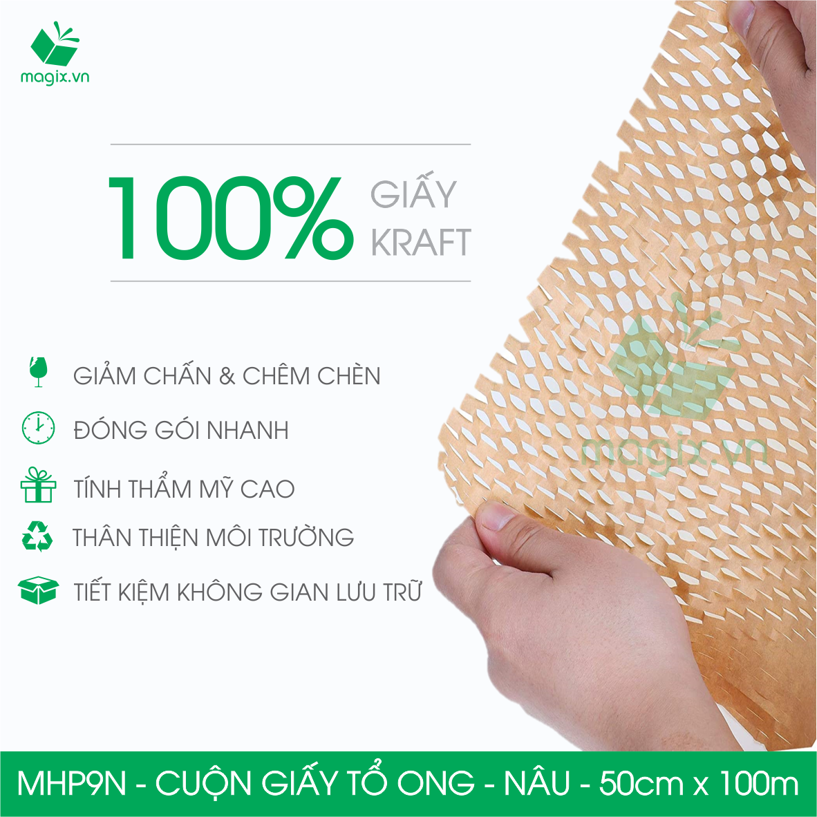 MHP9N - 50cm x 100m - Cuộn giấy tổ ong chống sốc - Kraft nâu Cao Cấp - Giấy gói hàng, gói quà