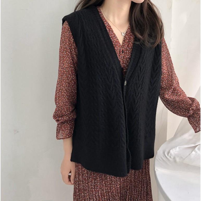 Gile Len | Áo Gile Len Dệt Kim Cổ V Dáng Rộng Ulzzang Kiểu Dáng Trẻ Trung, Hàng Quảng Châu