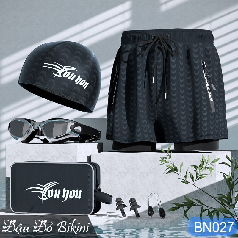 Combo Quần Bơi Nam 2 Lớp Loại Đẹp Kính Bơi Mũ Bơi Bịt Tai Kẹp Mũi Túi Đựng, Set Đồ Bơi Nam Giới Đầy Đủ Tiện Dùng Bn027 - Set Đen 5Ct - 5Xl.