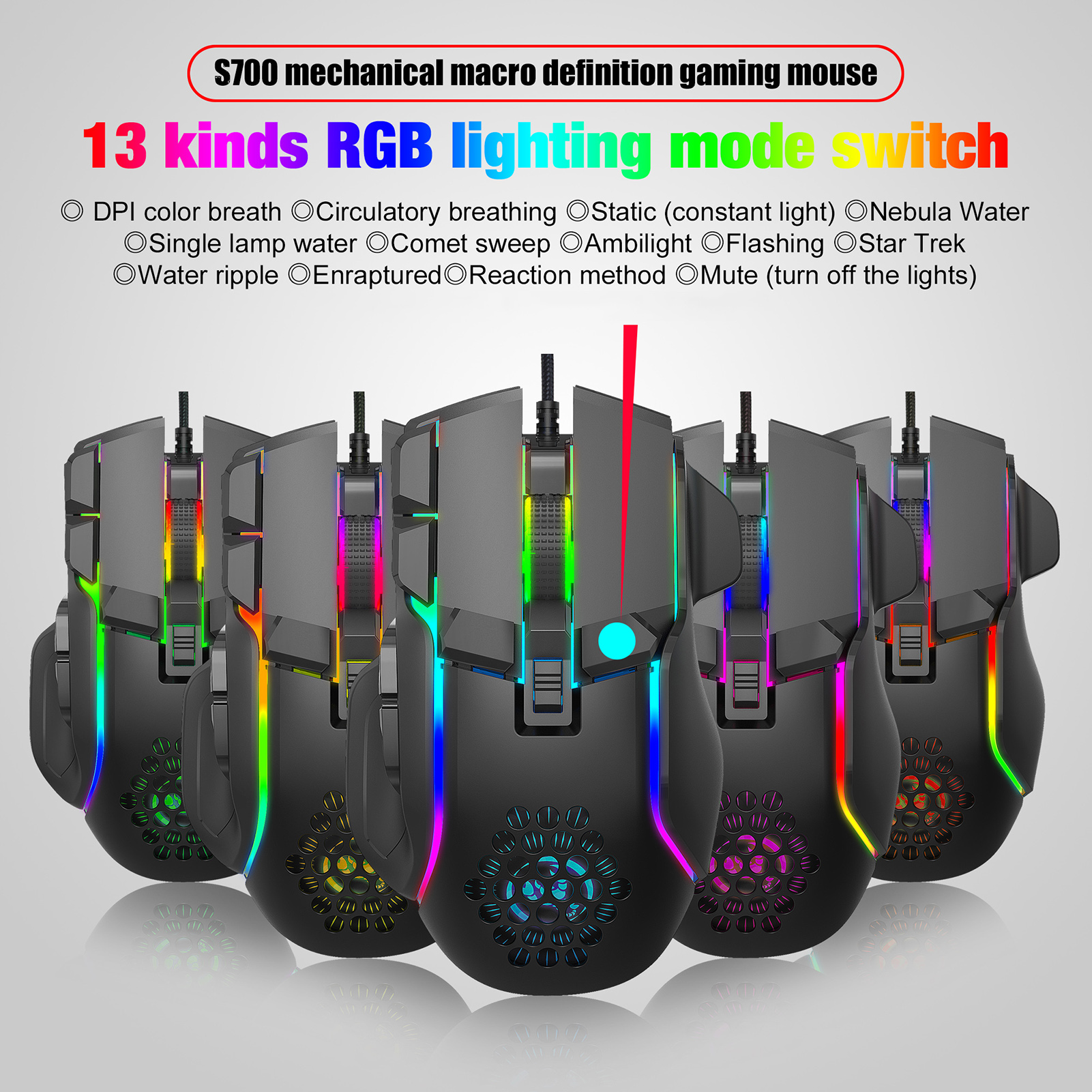 HXSJ S700 10 Keys Wired Gaming Mouse Macro Programming Ergonomic Mice with 6 Adjustable DPI RGB Light Effect