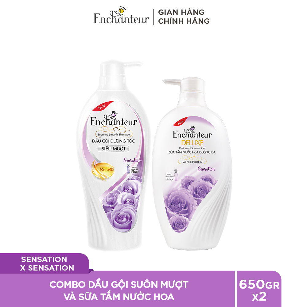 Combo Dầu gội dưỡng tóc suôn mượt Keratin Sensation 650g và Sữa tắm hương nước hoa Enchanteur Charming/Sensation/Delightful/Romantic/Magic 650g