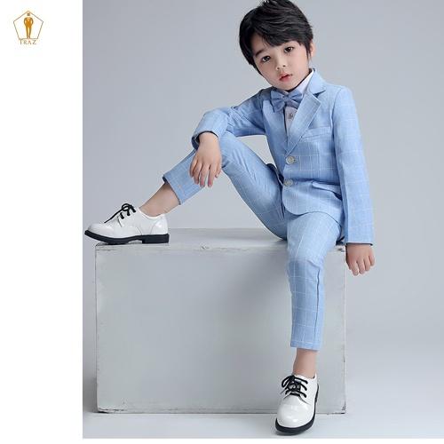 Set bộ vest TRAZ công tử karo màu sáng xám xanh vest đầy tháng thôi nôi bé trai