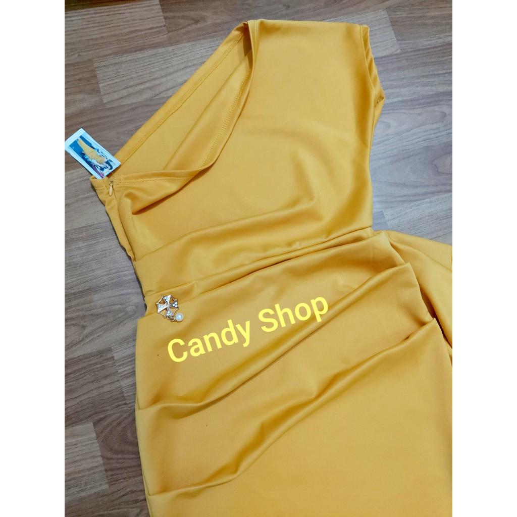 Đầm body lệch vai bèo eo kèm phụ kiện + Ảnh thật