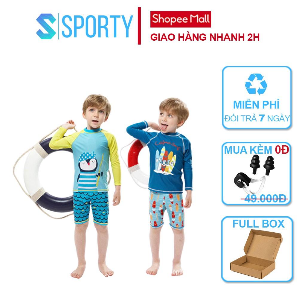 Áo Bơi Dài Tay Cho Bé Trai Kèm Quần Lửng Hình Chim Cánh Cụt và Ván Trượt SPORTY