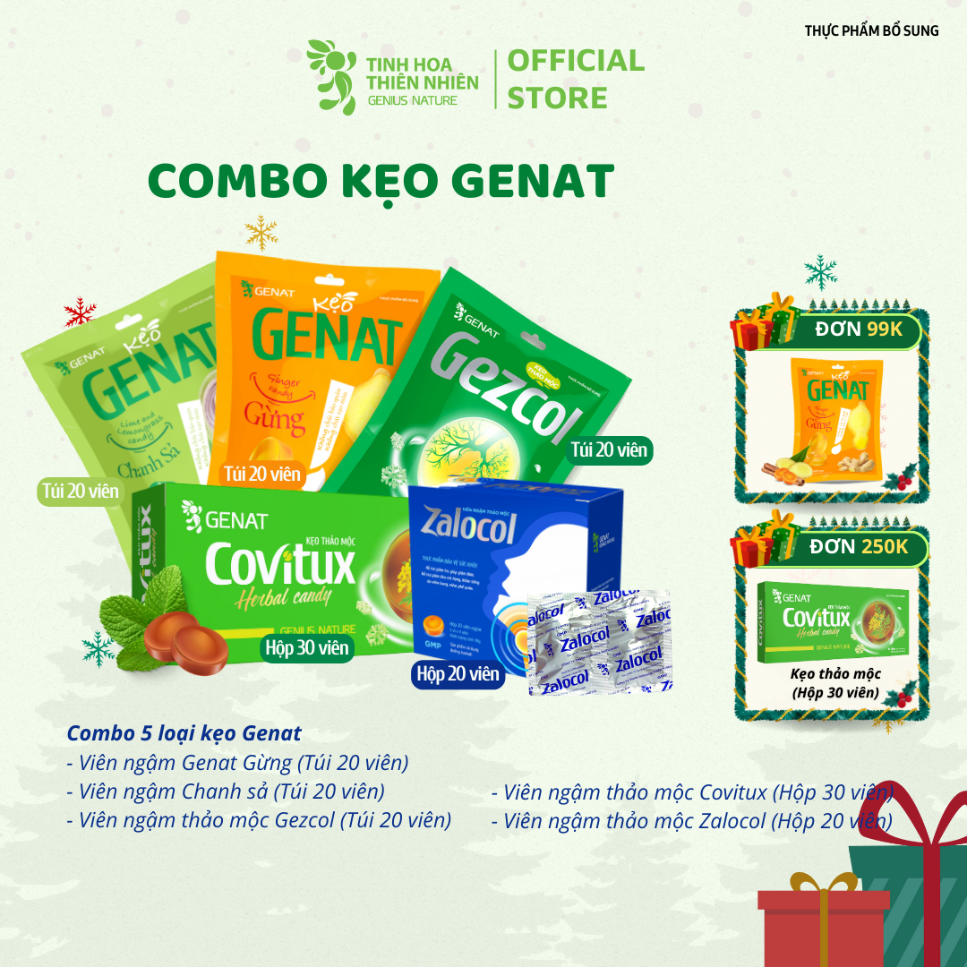 Combo 5 sản phẩm kẹo Genat - Kẹo thảo mộc Covitux, Gezcol , Genat Gừng, Genat chanh sả, viên ngậm Zalocol hỗ trợ giảm ho, giảm đờm, đau rát họng
