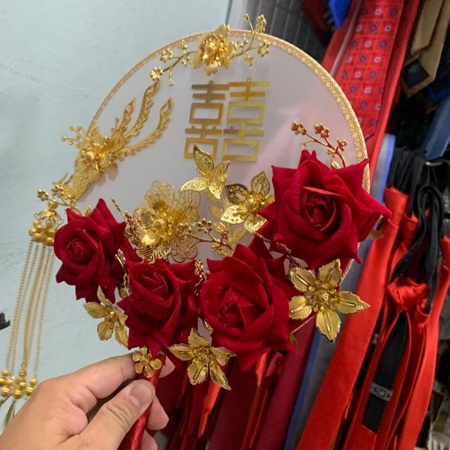 Quạt tròn cổ trang - phụ kiện cưới Giang - quạt tròn đính chữ hỷ