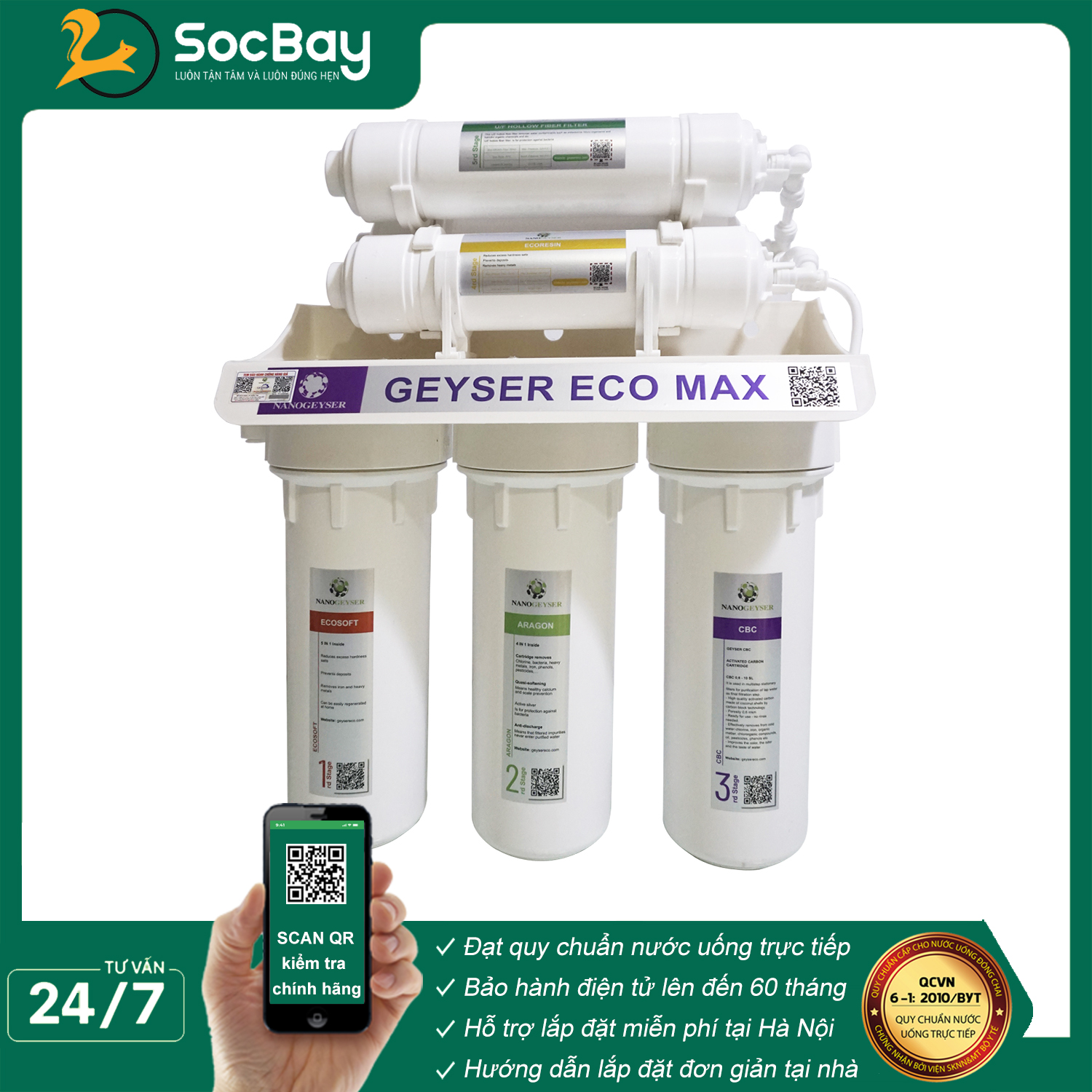 Máy lọc nước UF + Nano Geyser ECO MAX 6 cấp không dùng điện - Hàng Chính Hãng