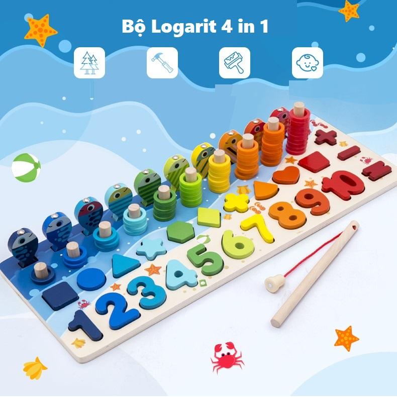 Đồ chơi bộ câu cá Logarit 4 in 1 xếp hình bằng gỗ cho bé KB2160151, bộ xếp hình khối gỗ chữ cái, số, hình học và câu cá