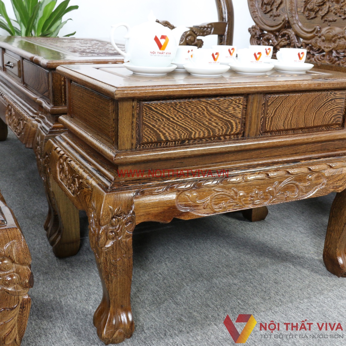 Bộ Bàn Ghế Salon Gỗ Mun Tay 10 Chạm Nghê 6 Món Cao Cấp Sang Trọng