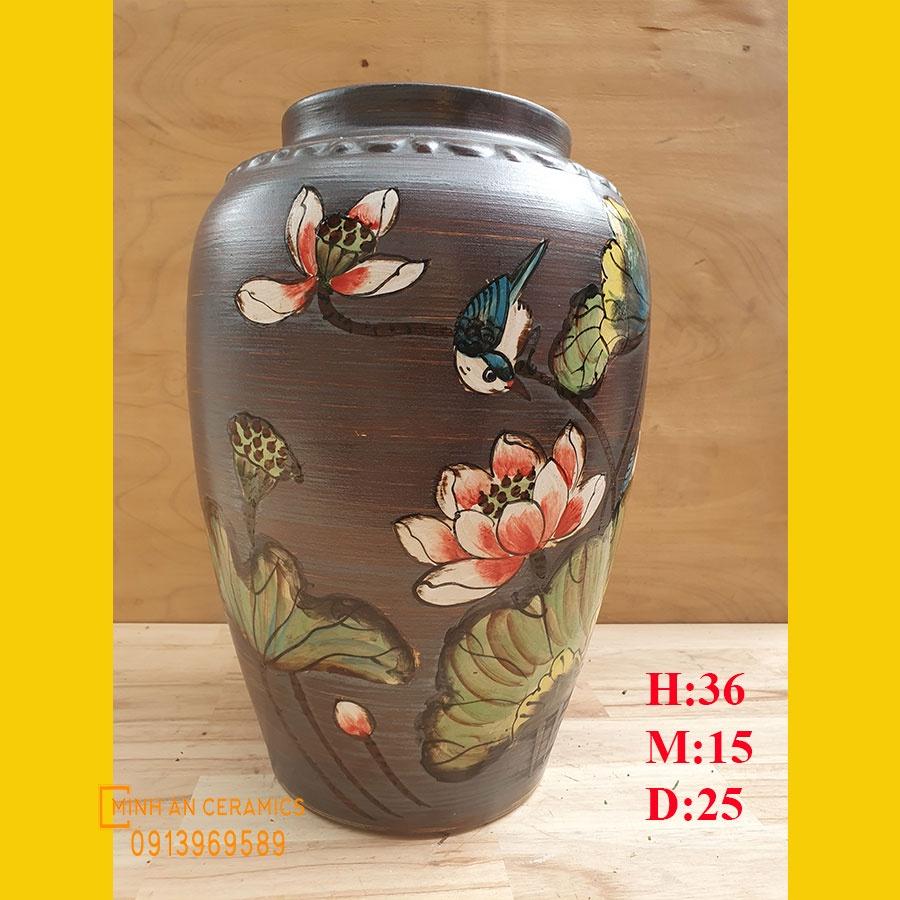 Bình hoa men mộc vẽ sen hồng chim sẻ gốm Minh An Bát Tràng, cao 36cm, miệng 15, đường kính 25cm