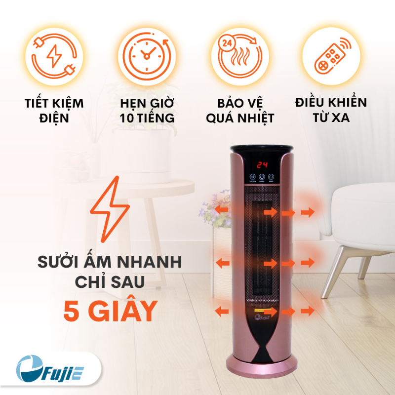 Máy sưởi gốm không khô da FujiE, tự ngắt, quạt sưởi gốm điều khiển từ xa không đốt oxi - Hàng chính hãng