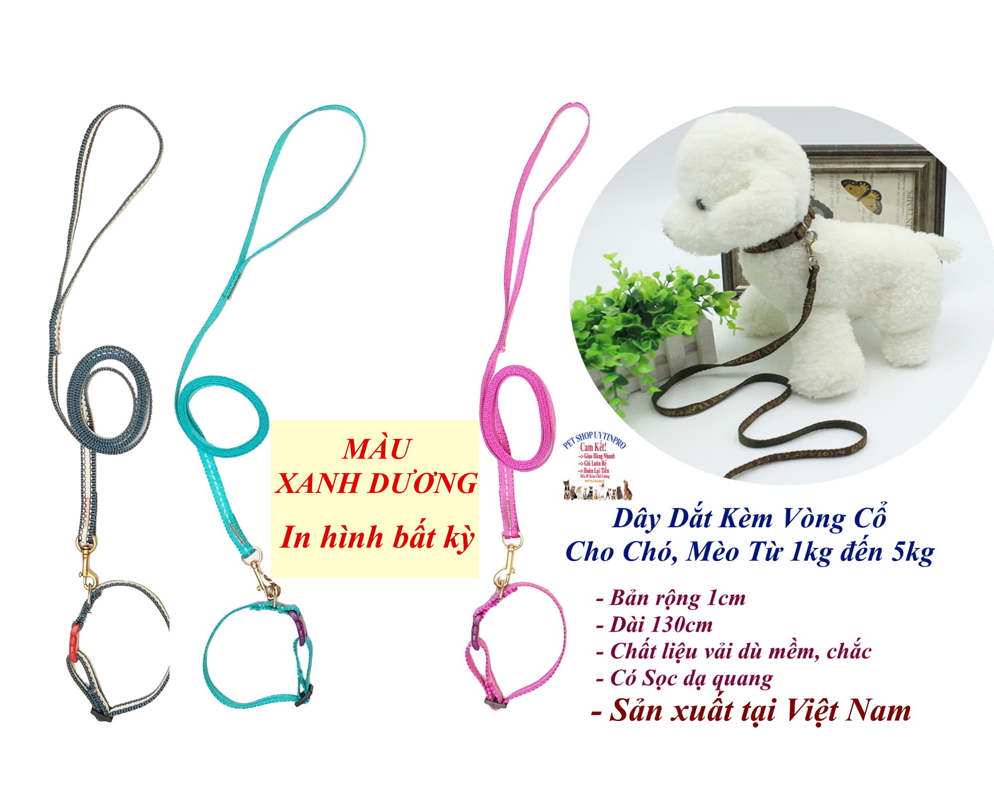 Dây dắt kèm vòng cổ cho Chó Mèo từ 1kg đến 5kg Bản rộng 1cm, Chất liệu vải dù, Bền đẹp, Chắc chắn, An toàn SX tại VN