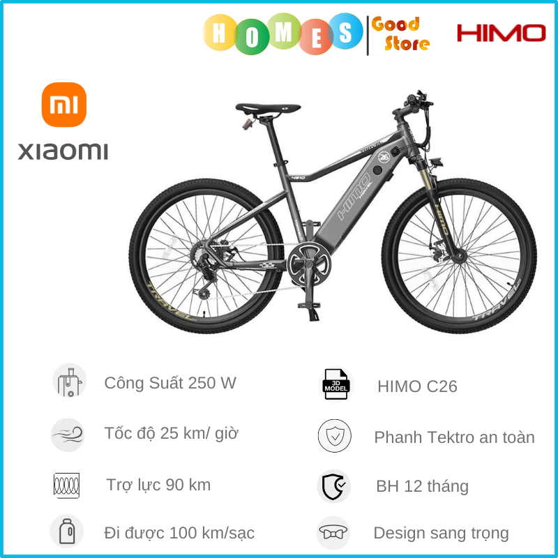 Xe Đạp Trợ Lực Điện XIAOMI HIMO C26, Pin Sử Dụng 100 Km, Tốc Độ 25 Km/giờ, Momen Xoắn 7 Cấp, Phanh Cảm Biến Ngắt Điện, Công Suất 250W - Hàng Chính Hãng