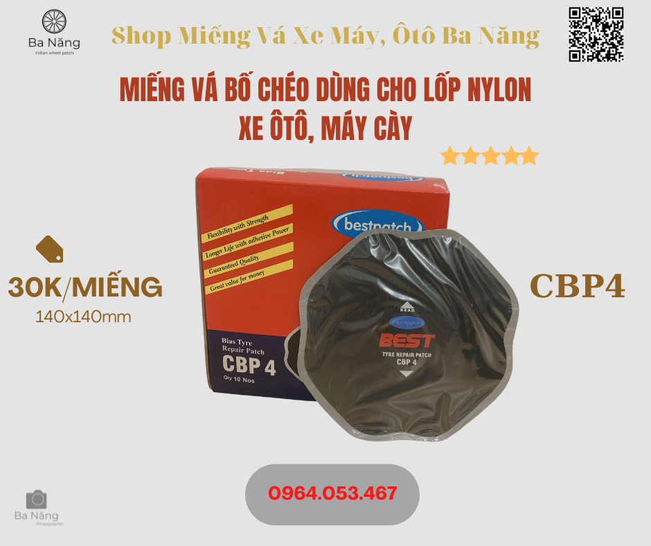 Miếng vá bố chéo dùng cho lốp nylon xe ôtô, máy cày - kích thước 140x140mm