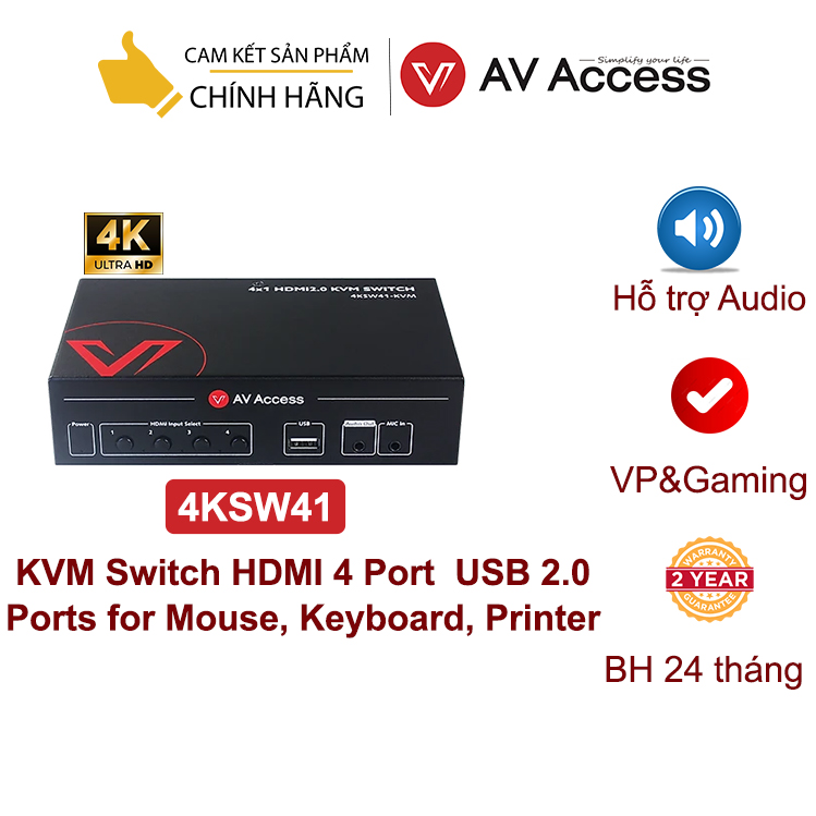 KVM HDMI 4 cổng AV Access 4KSW41-KVM, 4 In 1 Out 4K@60Hz /1080p@120Hz, 2560x1440@144Hz, HDMI 2.0 with HDR10 and 3D, HDCP 2.2, 18Gbps Zero Latency for 4 PCs- Hàng chính hãng