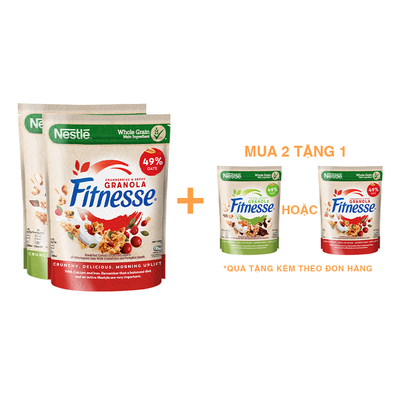 [Mua 2 Tặng 1 Bịch Granola Vị Ngẫu Nhiên] Combo 2 Bịch Ngũ cốc ăn sáng Fitnesse Granola Vị Diêm Mạch, Hạnh Nhân &amp; Sô Cô La + Vị Nam Việt Quất &amp; Hạt Bí Ngô (2 Bịch x 300g)