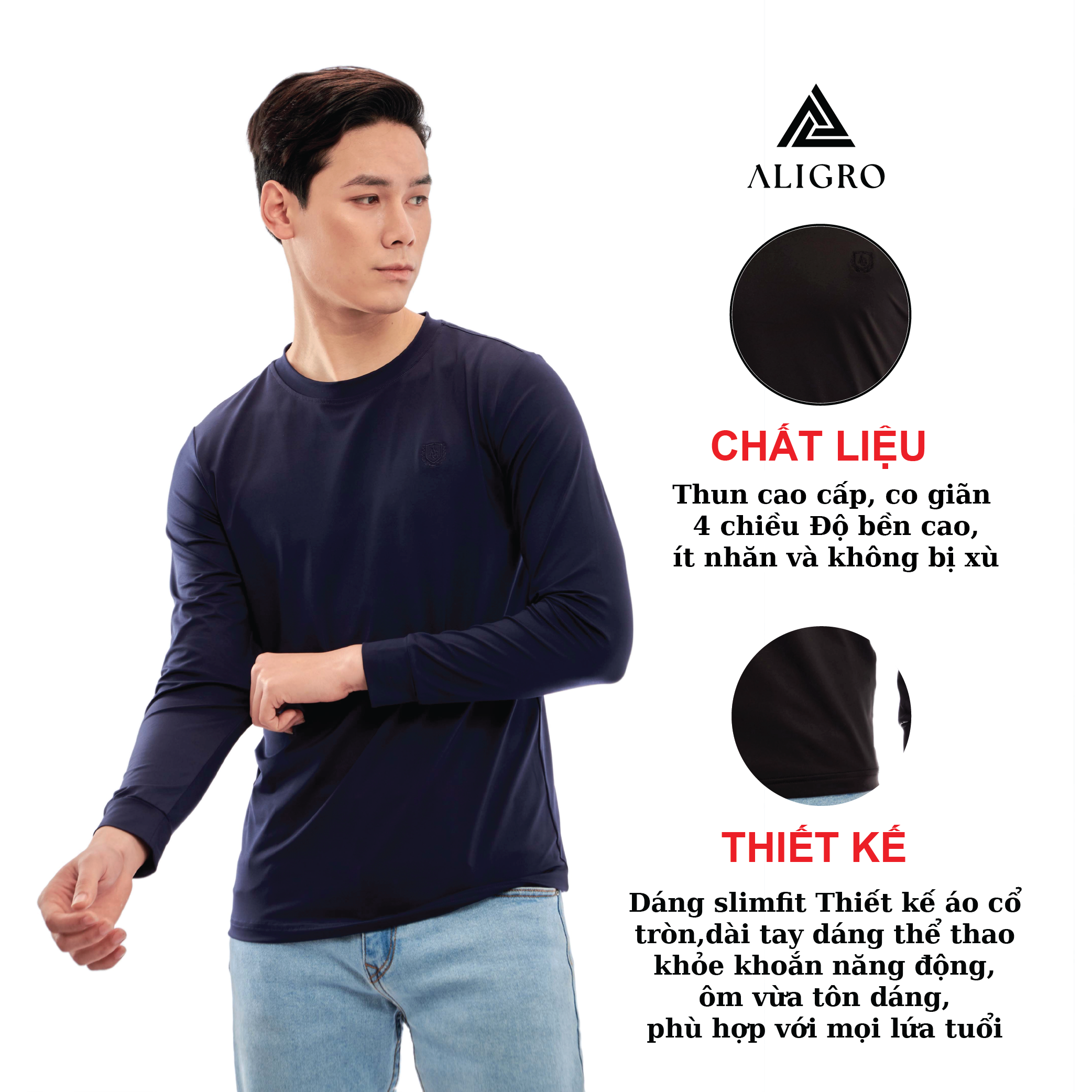 Áo thun nam dài tay Aligro màu navy co giãn 4 chiều chất thun cao cấp ALGAPD059