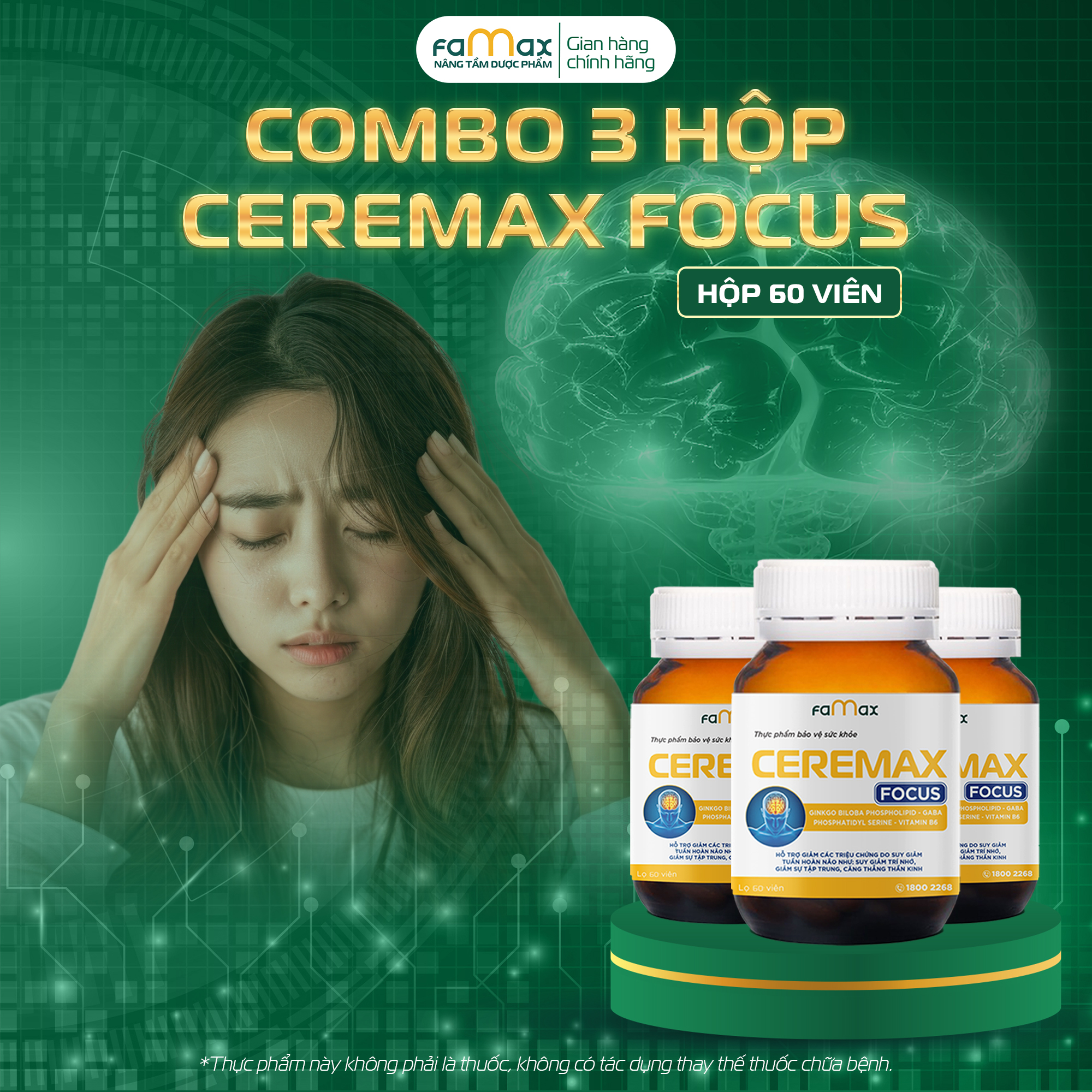 [FAMAX] Combo 3 hộp viên bổ não, cải thiện trí nhớ Ceremax Focus 60 viên